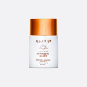 Αντηλιακό προϊόν μαυρίσματος Elixir με χρυσό καπάκι και λευκό μπουκάλι, ιδανικό για λαμπερό δέρμα.