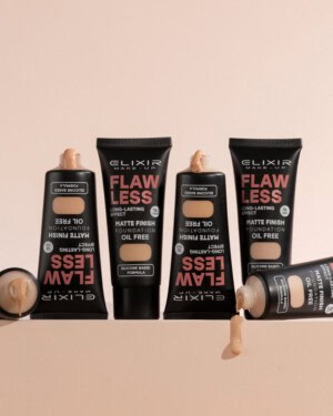 Αντηλιακή βάση Elixir Flawless Less, υγρή, oil-free, με ματ τελείωμα, κατάλληλη για ευαίσθητο δέρμα.